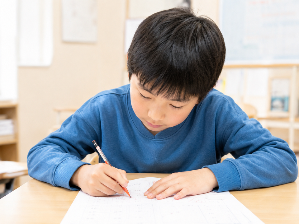 鉛筆を持って問題に集中する男の子